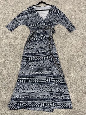 Kiyonna Made In USA Blue Black Printed Wrap Maxi Midi Dress Plus Size Women’s 1X